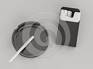 Open pack of cigarettes and ashtray on grey background. 3D rendering