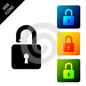 Open padlock icon isolated. Opened lock sign. Cyber security concept. Digital data protection. Safety safety. Set icons