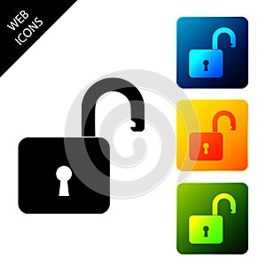 Open padlock icon isolated. Opened lock sign. Cyber security concept. Digital data protection. Safety safety. Set icons