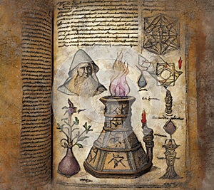 An open page with magic drawing and text in wizard book, illustration