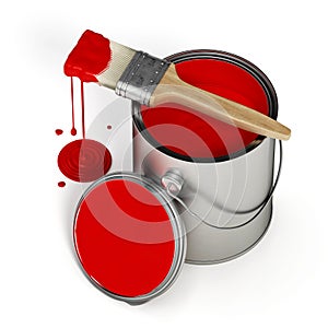 Open paint can and brush with dripping red paint isolated on white. 3D illustration