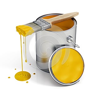 Open paint can and brush with dripping yellow paint isolated on white. 3D illustration