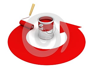 Open paint can with roller and red round arrow