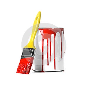 Open paint can with stains and brush