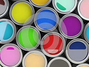 Open paint cans placed close to each other. Ð¡olor palette concept