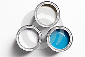 Open paint cans on white background. Generative ai