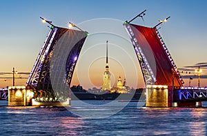 Open Palace bridge and Peter and Paul fortress at summer night, St. Petersburg, Russia