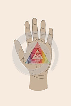 Open palm with all seeing eye sacred Masonic symbol, third eye, psychedelic Eye of Providence, triangle pyramid. New World Order
