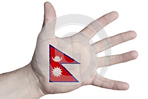 Open palm with the image of the flag of Nepal. Multipurpose concept