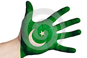 Open palm with the image of the flag of Pakistan. Multipurpose concept