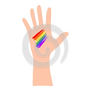 Open palm with light skin and a rainbow on the hand.Flat illustration.LGBT.Vector illustration