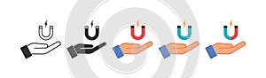 Open palm and magnet icon. Hand and horseshoes symbol. Sign offer power vector