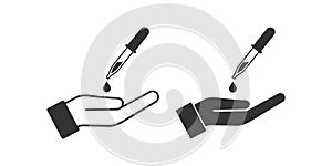 Open palm and pipette icon. Hand and dropper symbol. Sign offer eyedropper vector