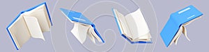 Open paper book with white pages and blue hard cover flying in air in different angles of rotation. 3D render