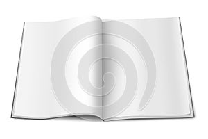 Open paperback book, realistic vector mock-up. Blank white page journal or magazine, template. Empty brochure, booklet or catalog