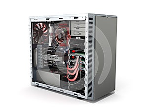 open PC case with internal parts motherboard cooler video card p