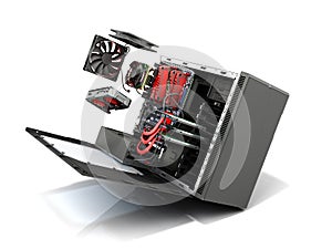 open PC case with internal parts motherboard cooler video card p