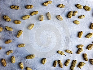 Open peanuts shot macro in studio, white wall texture background