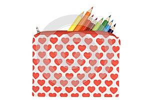 Open pencil case with heart pattern on a white bac