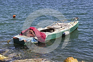 Open perspective shot of fishing boat at open sea