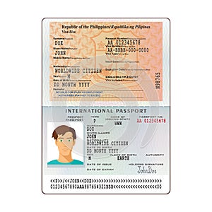 Open Philippines international passport visa sticker template in flat style. Vector EPS10.