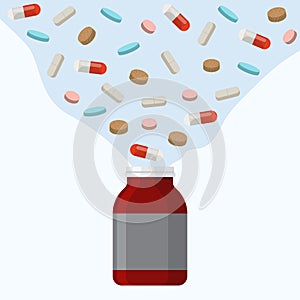 Open pills bottle with many different multi colored pills tablets spilling out above it vector illustration. Drugs flow