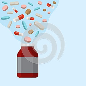 Open pills bottle with many different multi colored pills tablets spilling out above it vector illustration. Drugs flow