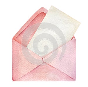 Open pink envelope with empty white blank paper. Decorative background element. Blank envelope. Hand drawn watercolor illustration