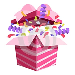 Open pink gift box exploding with colorful confetti