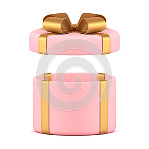 Open pink gift box golden bow ribbon festive present surprise 3d icon realistic vector illustration