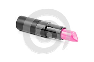 Open pink lipstick on white background