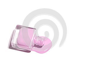 Open pink nail polish bottle isolated on white background. Pink nail polish spilled. Copy space