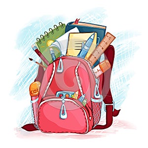 Open pink school bag with school supplies.