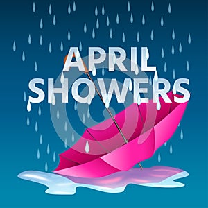 Open pink umbrella in puddles with rain and text april showers