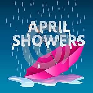 Open pink umbrella in puddles with rain and text april showers photo