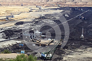Open pit coal mine with machinery and excavators