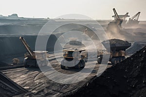 open-pit coal mine with massive mining trucks and equipment in the foreground