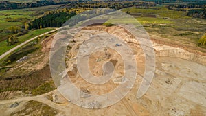 Open pit gravel mining. Limestone quarry, mining rocks and stones photographed from above with a drone.