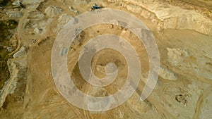 Open pit gravel mining. Limestone quarry, mining rocks and stones photographed from above with a drone.