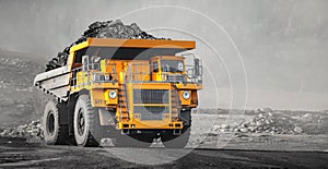 Open pit mine industry, big yellow mining truck for coal anthracite