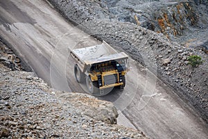 Open pit mine industry, big yellow mining truck for coal anthracite