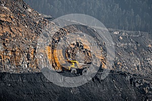 Open pit mine industry. Big yellow mining truck for overburden coal career