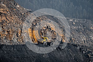 Open pit mine industry. Big yellow mining truck for overburden coal career photo