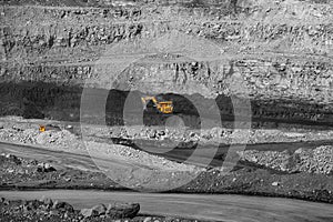 Open pit mine industry work of large yellow excavator for loading and coal mining