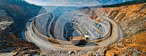 An open-pit mine with a large mining truck driving down the terraces. Heavy machinery in action within the expansive