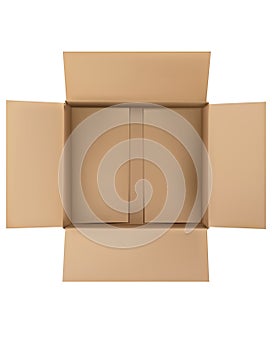 Open plain brown blank cardboard box isolated. Top view