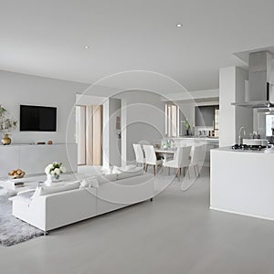 Open-plan interior with a luxurious living room and white kitchen design