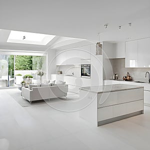 Open-plan interior with a luxurious living room and white kitchen design