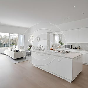 Open-plan interior with a luxurious living room and white kitchen design