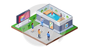 Open-Plan Isometric Office Interior with Collaborative Workspaces, vector design Generative AI